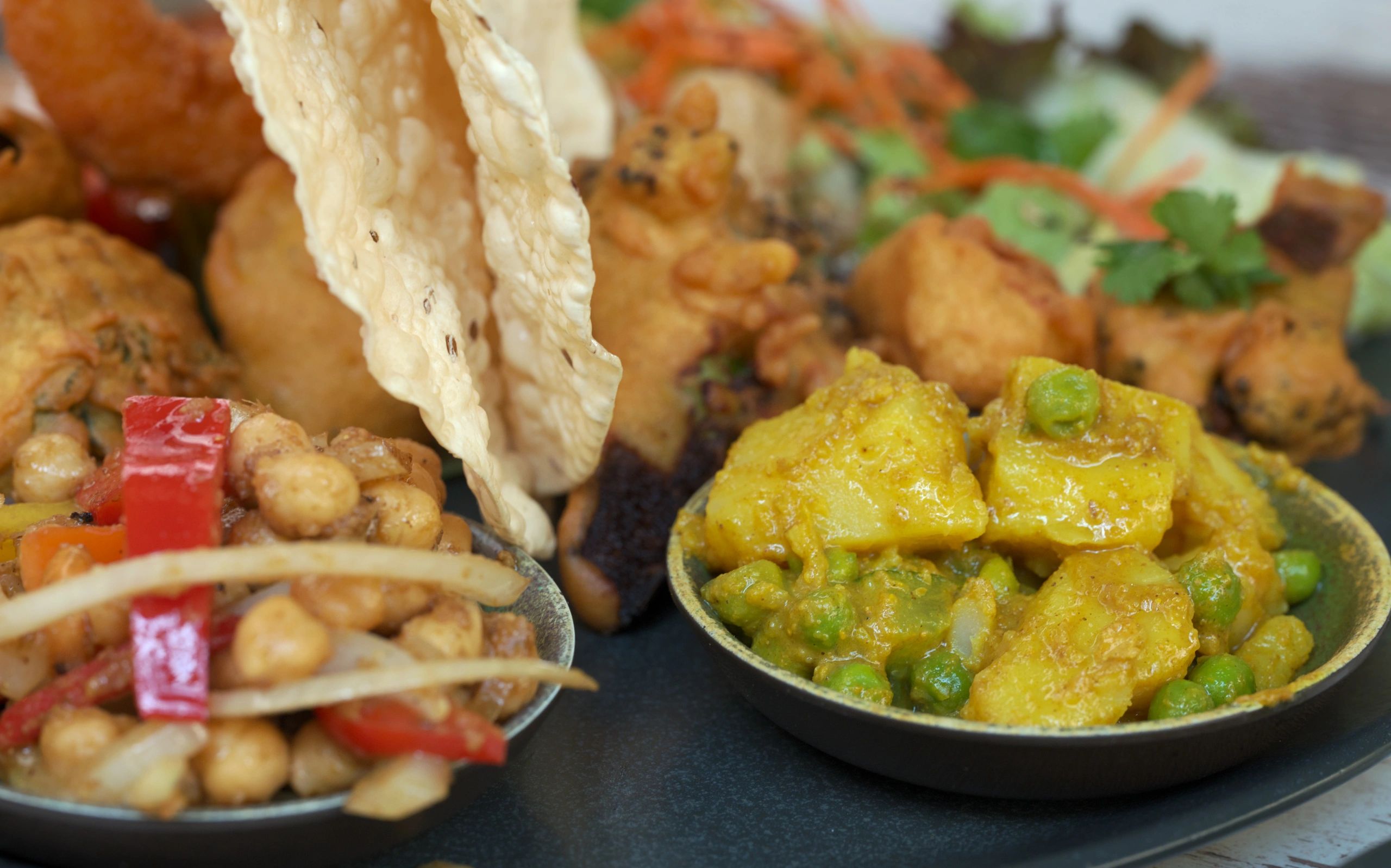 Himalayan-style appetizer platter with assorted bites