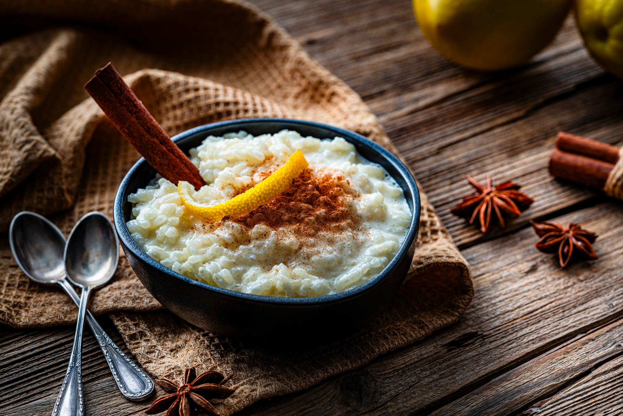 Creamy rice pudding dessert with cinnamon